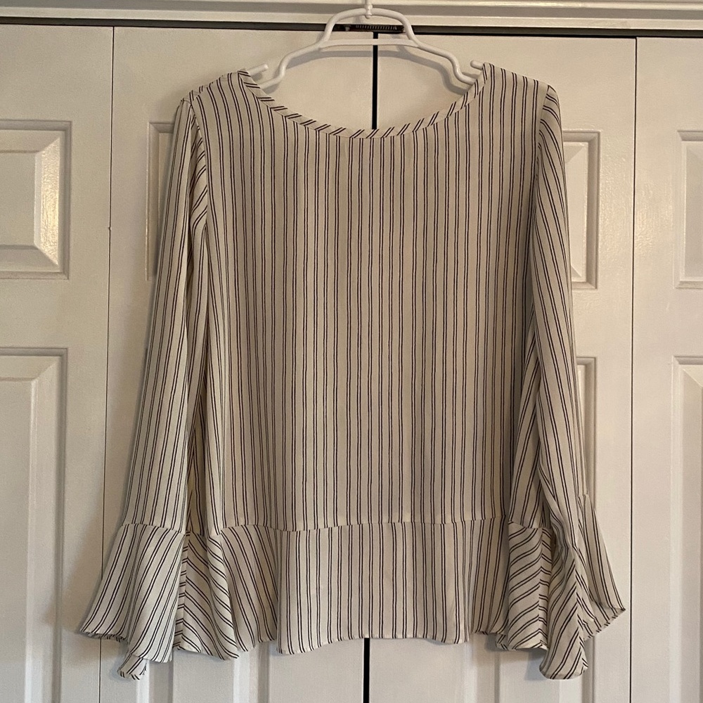 LOFT Striped Ruffle Tulip Back Blouse - M